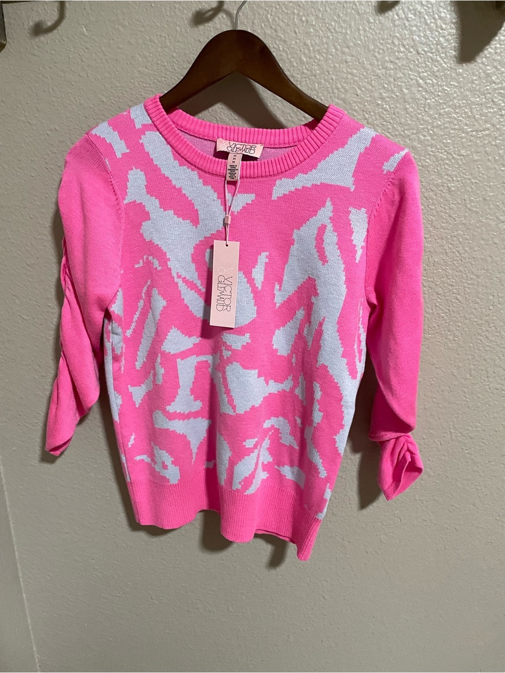 Victor Glemaud Hot Pink and White Patterned Crewneck Sweater NWT